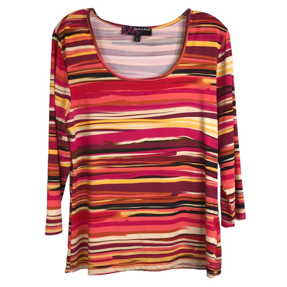 Peck & Peck Top Womens Sz L Orange Maroon Black Striped Scoop Neck Long Sleeves